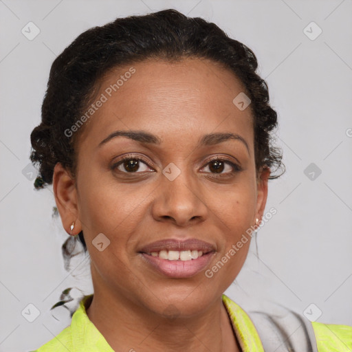 Joyful latino young-adult female with short  brown hair and brown eyes