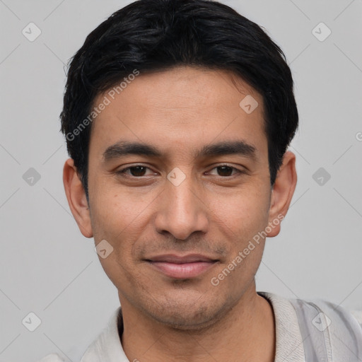Joyful asian young-adult male with short  black hair and brown eyes