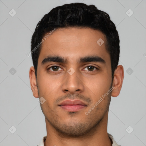 Neutral latino young-adult male with short  black hair and brown eyes