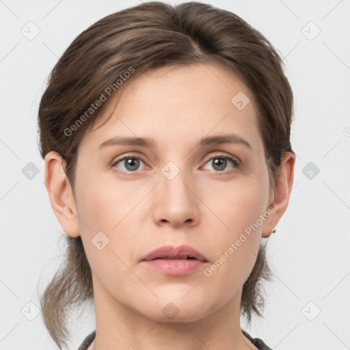 Neutral white young-adult female with medium  brown hair and grey eyes