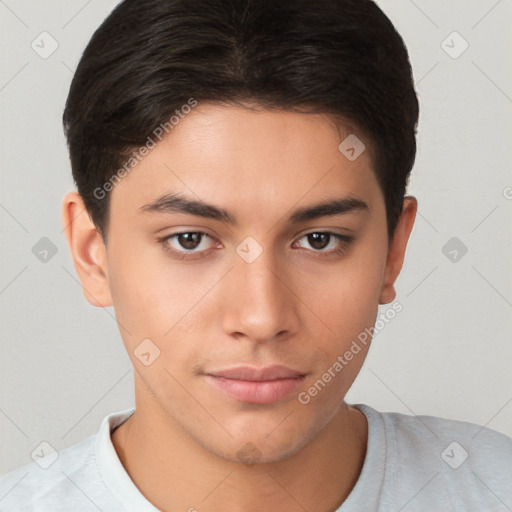 Neutral white young-adult male with short  brown hair and brown eyes