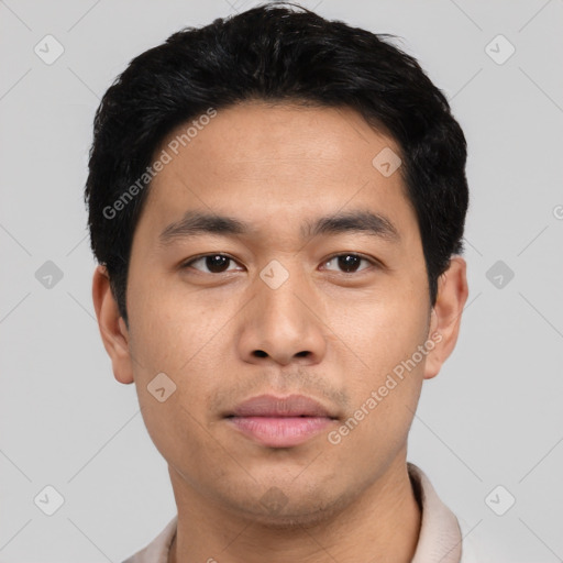 Neutral asian young-adult male with short  black hair and brown eyes