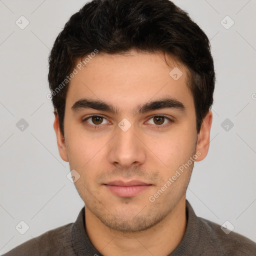 Neutral white young-adult male with short  brown hair and brown eyes