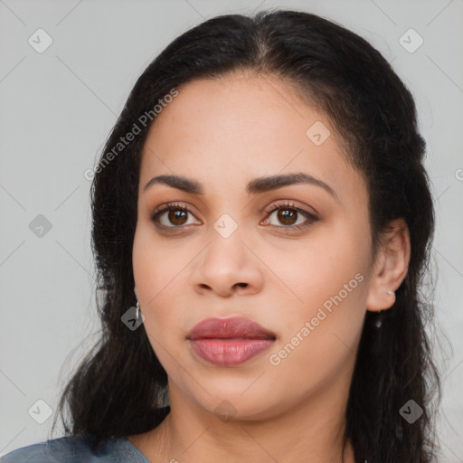 Joyful asian young-adult female with long  brown hair and brown eyes