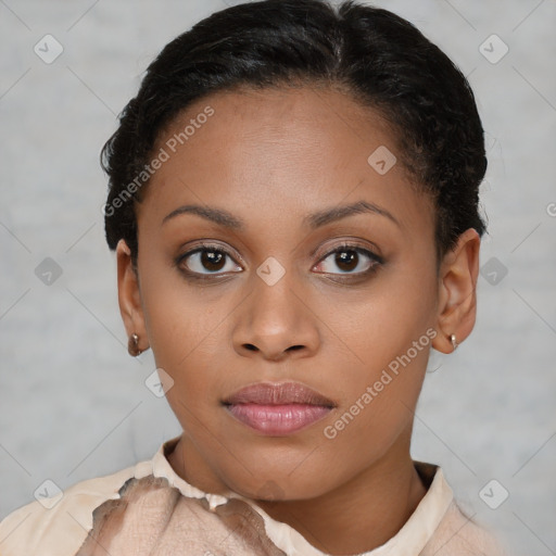 Joyful latino young-adult female with short  brown hair and brown eyes