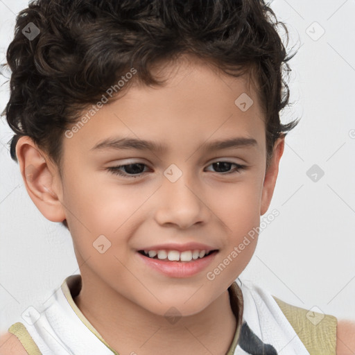 Joyful white child male with short  brown hair and brown eyes