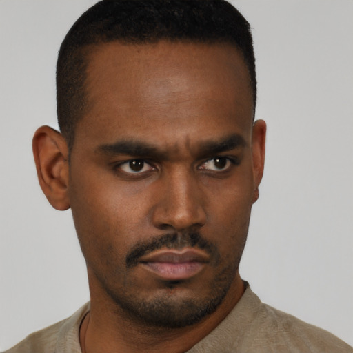 Neutral black young-adult male with short  black hair and brown eyes
