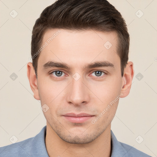 Neutral white young-adult male with short  brown hair and brown eyes