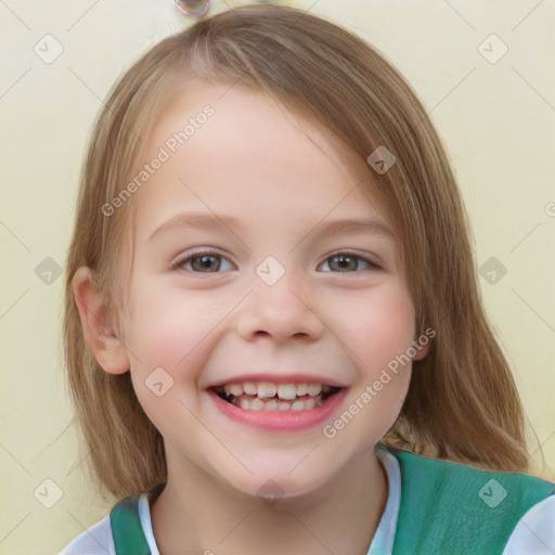 Joyful white child female with medium  brown hair and brown eyes