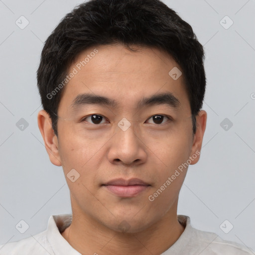 Neutral asian young-adult male with short  black hair and brown eyes