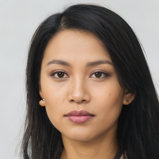 Neutral asian young-adult female with long  black hair and brown eyes