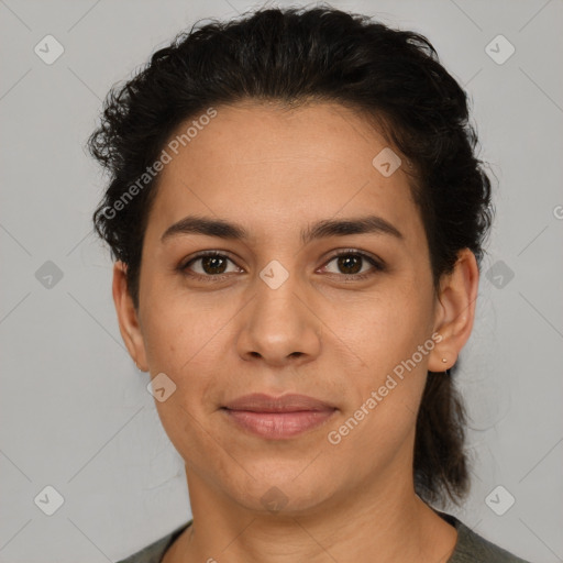 Joyful white adult female with short  brown hair and brown eyes