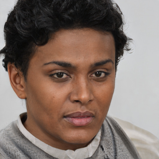 Neutral black young-adult female with short  brown hair and brown eyes