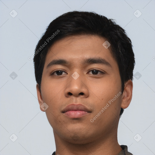 Neutral asian young-adult male with short  black hair and brown eyes