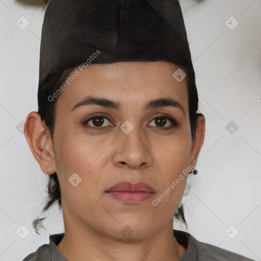 Joyful white young-adult female with short  black hair and brown eyes