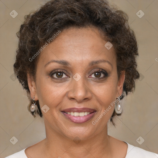 Joyful white adult female with short  brown hair and brown eyes