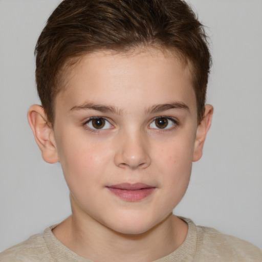 Joyful white child female with short  brown hair and brown eyes