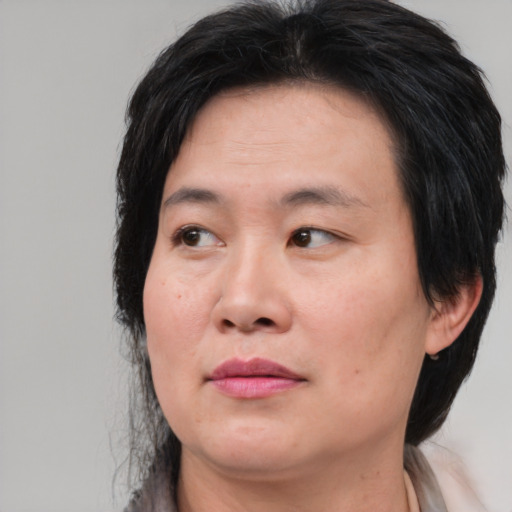 Joyful asian adult female with medium  brown hair and brown eyes