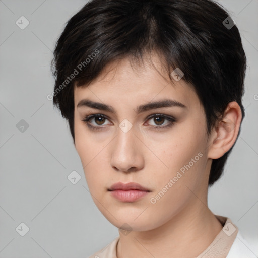 Neutral white young-adult female with short  brown hair and brown eyes