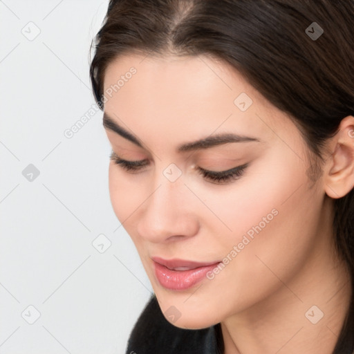 Neutral white young-adult female with medium  brown hair and brown eyes