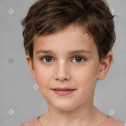 Joyful white child male with short  brown hair and brown eyes