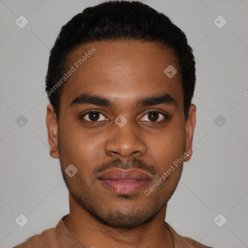 Neutral latino young-adult male with short  black hair and brown eyes