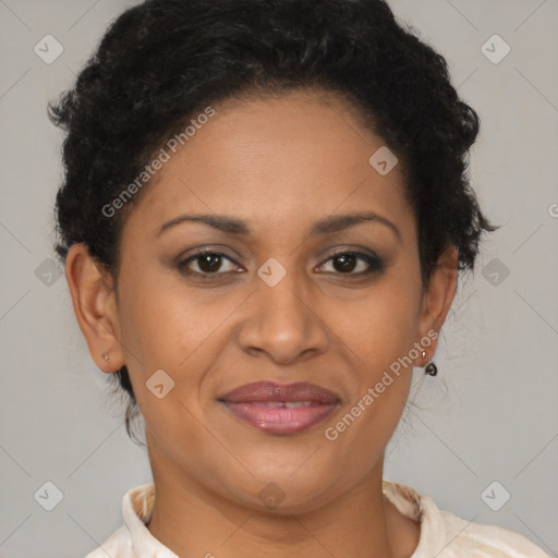 Joyful latino young-adult female with short  brown hair and brown eyes