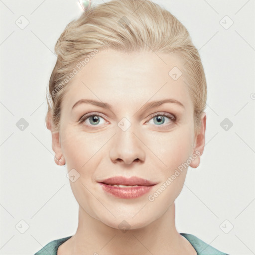 Joyful white young-adult female with medium  brown hair and blue eyes