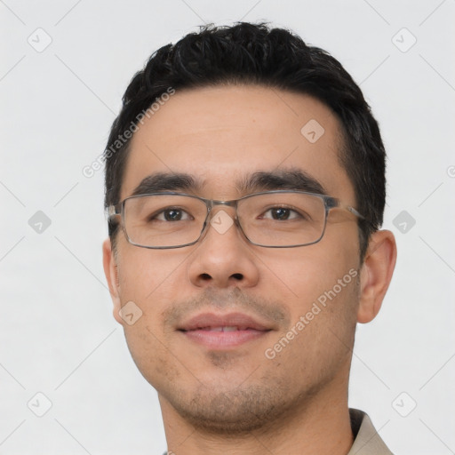 Neutral asian young-adult male with short  black hair and brown eyes