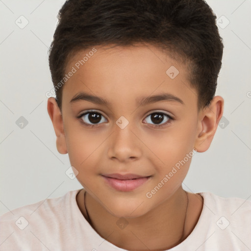 Joyful white child female with short  brown hair and brown eyes