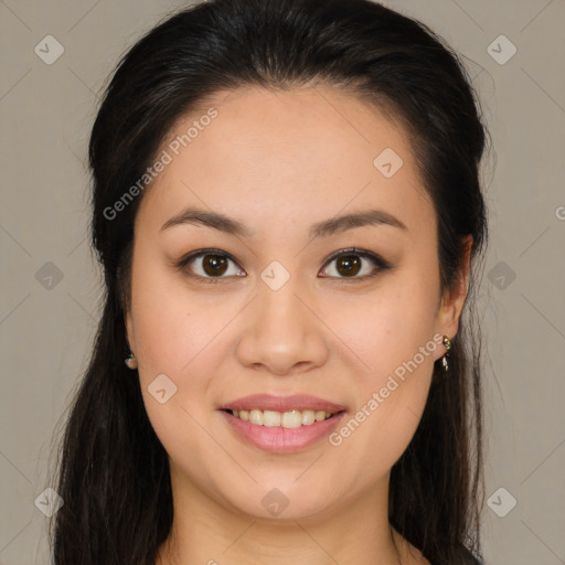 Joyful white young-adult female with long  brown hair and brown eyes