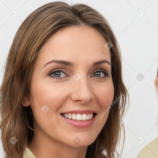 Joyful white young-adult female with medium  brown hair and green eyes