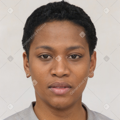 Neutral black young-adult female with short  black hair and brown eyes