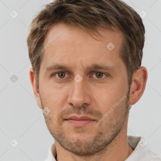 Neutral white adult male with short  brown hair and brown eyes