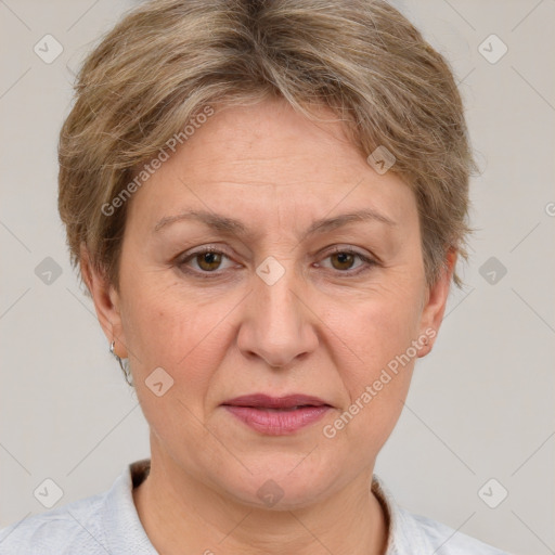 Joyful white adult female with short  brown hair and brown eyes