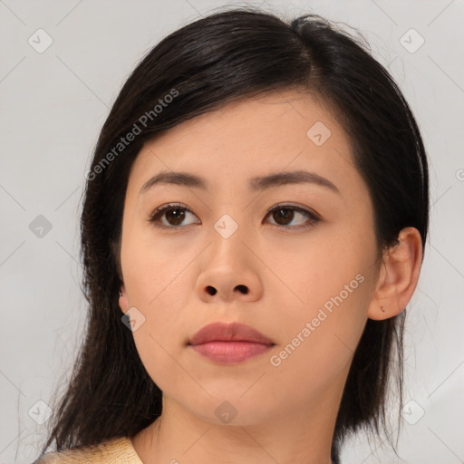 Neutral asian young-adult female with medium  brown hair and brown eyes