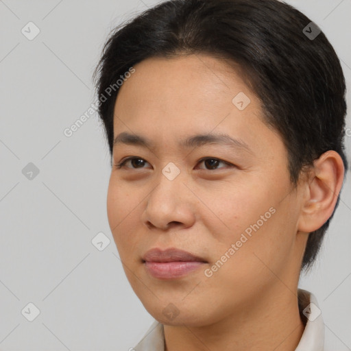 Joyful white young-adult female with short  brown hair and brown eyes