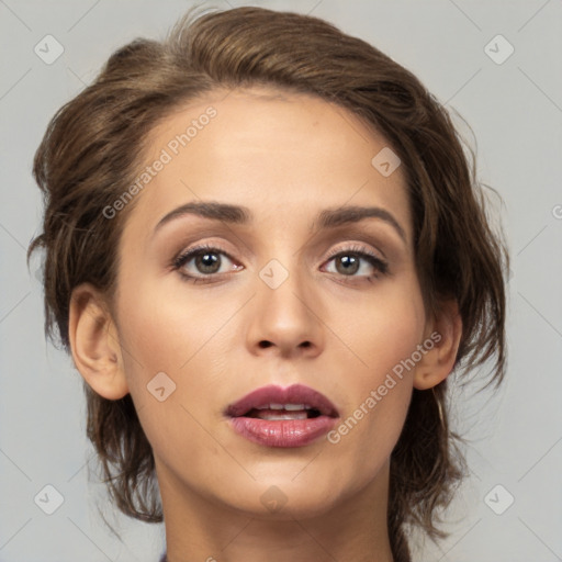 Neutral white young-adult female with medium  brown hair and brown eyes