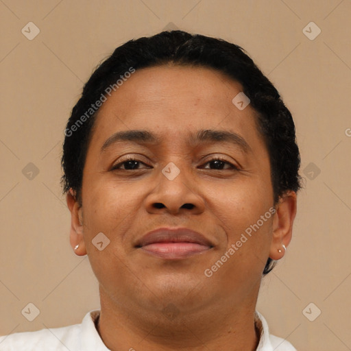 Joyful latino adult female with short  brown hair and brown eyes