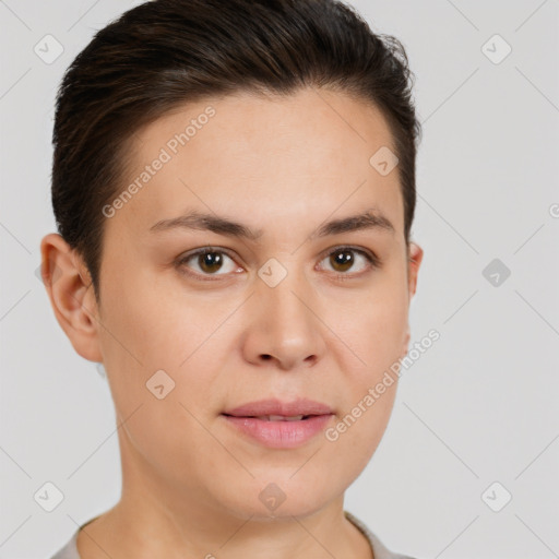 Joyful white young-adult female with short  brown hair and brown eyes