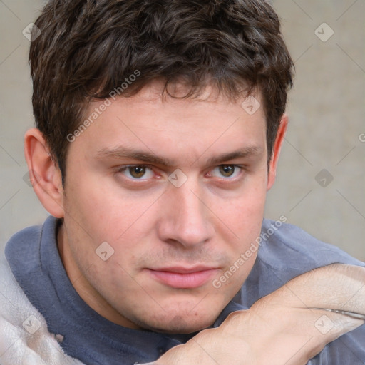 Neutral white young-adult male with short  brown hair and grey eyes