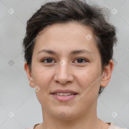 Joyful white young-adult female with short  brown hair and brown eyes