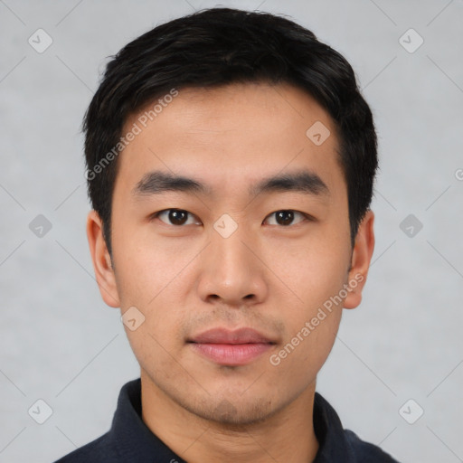 Neutral asian young-adult male with short  black hair and brown eyes