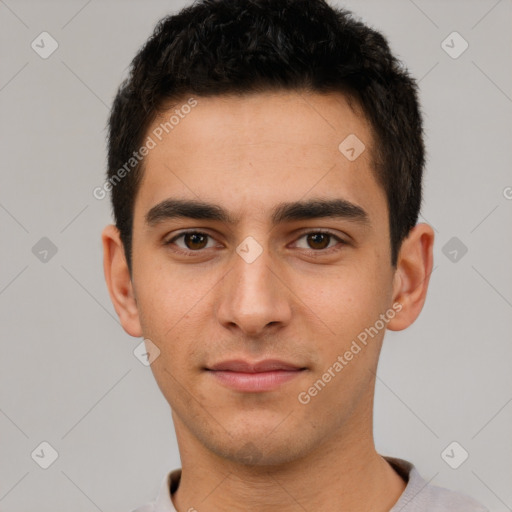 Neutral white young-adult male with short  brown hair and brown eyes