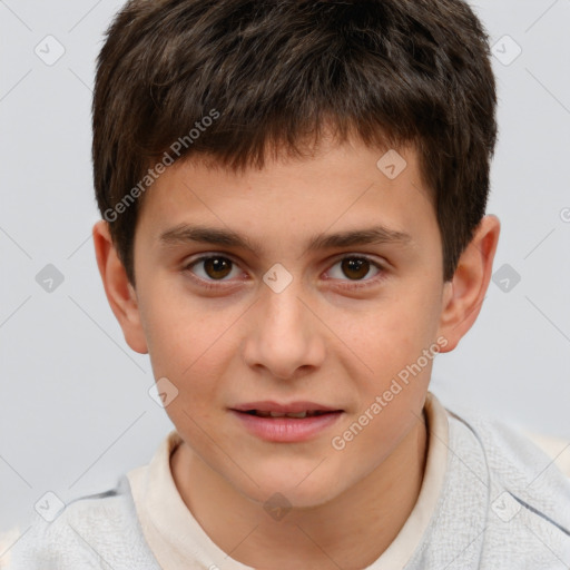 Joyful white child male with short  brown hair and brown eyes