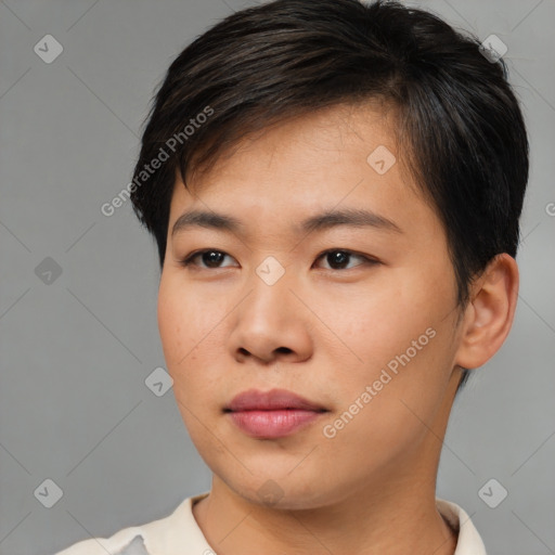 Neutral asian young-adult male with short  brown hair and brown eyes