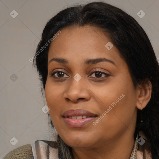 Joyful black young-adult female with medium  brown hair and brown eyes