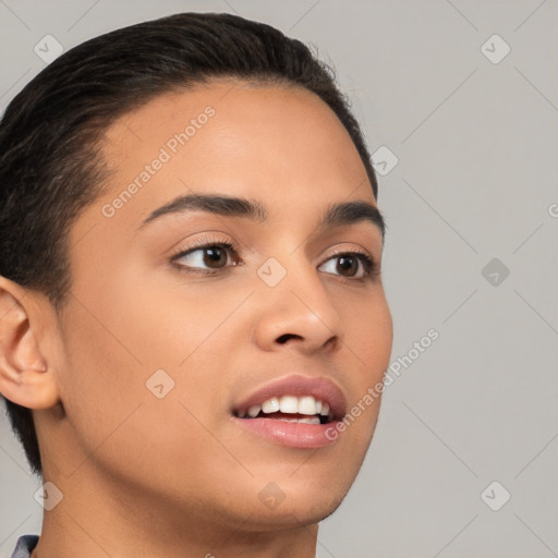 Joyful latino young-adult female with short  brown hair and brown eyes