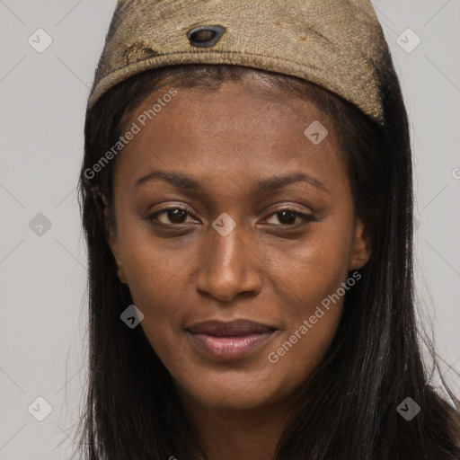 Joyful asian young-adult female with long  brown hair and brown eyes