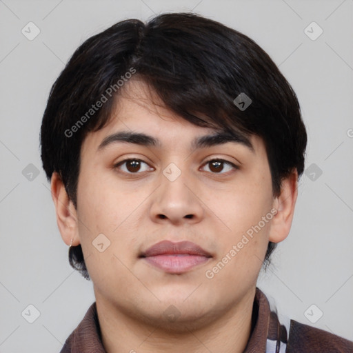 Neutral asian young-adult male with short  brown hair and brown eyes